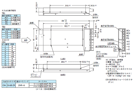コーセル(COSEL) スイッチング電源 ユニットタイプ UAW500Sシリーズ 図面